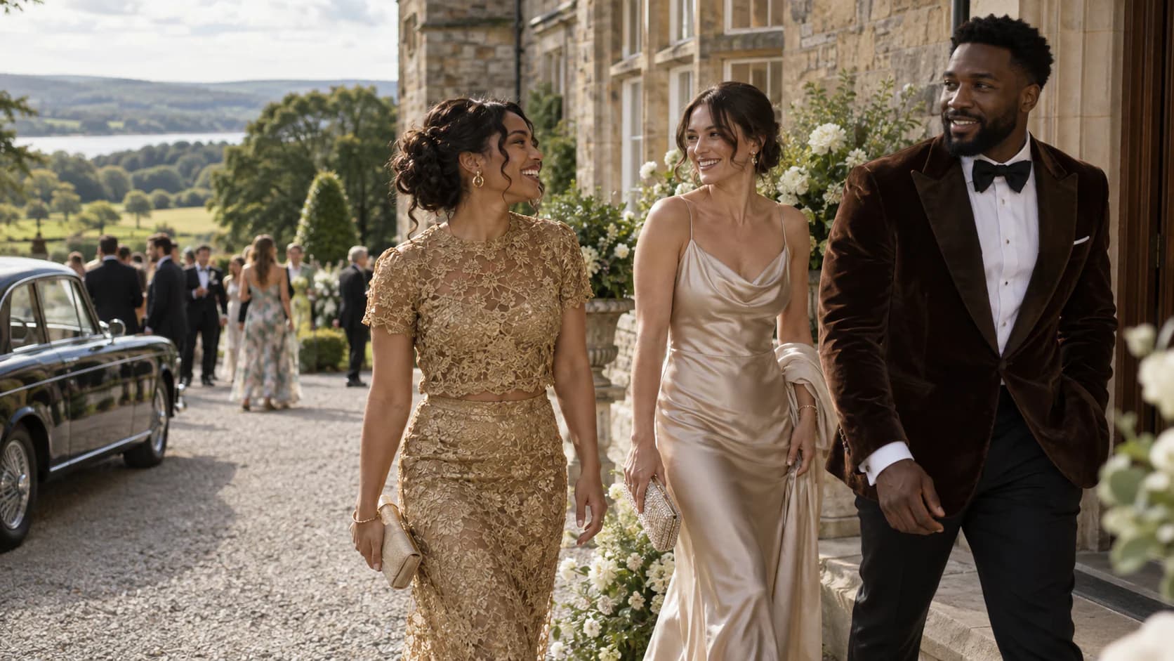Guests in a gold lace two-piece, a champagne satin slip dress and a chocolate velvet dinner jacket arriving at a country-house wedding