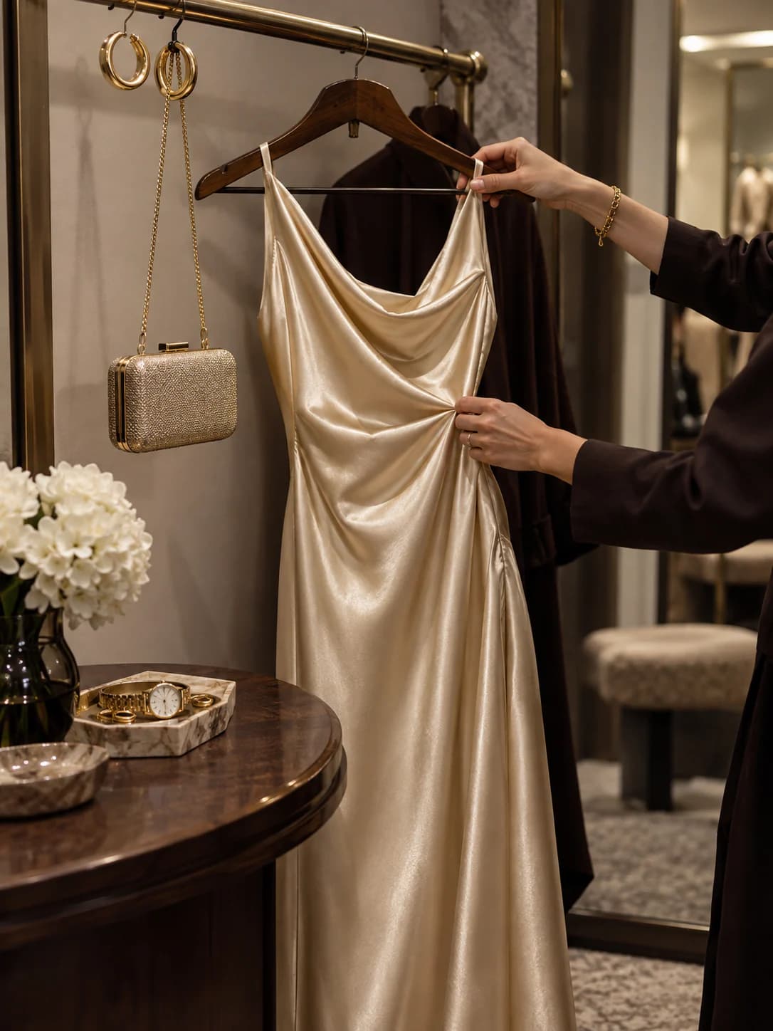 Stylist finishing a champagne satin dress with a beaded clutch, gold hoops and a watch in the fitting suite