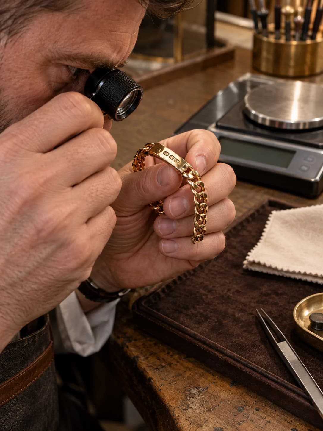 Jeweller weighing a gold bracelet on a precision scale at the boutique counter
