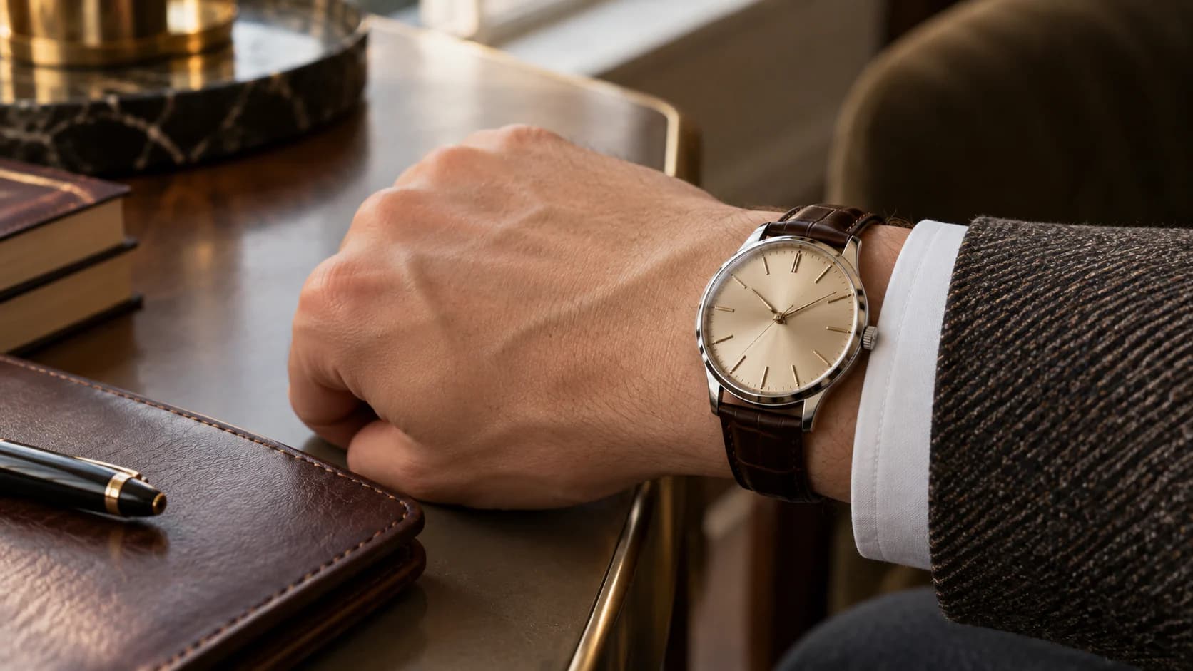 Wrist shot of an automatic dress watch with a champagne dial and leather strap, cuff pulled back