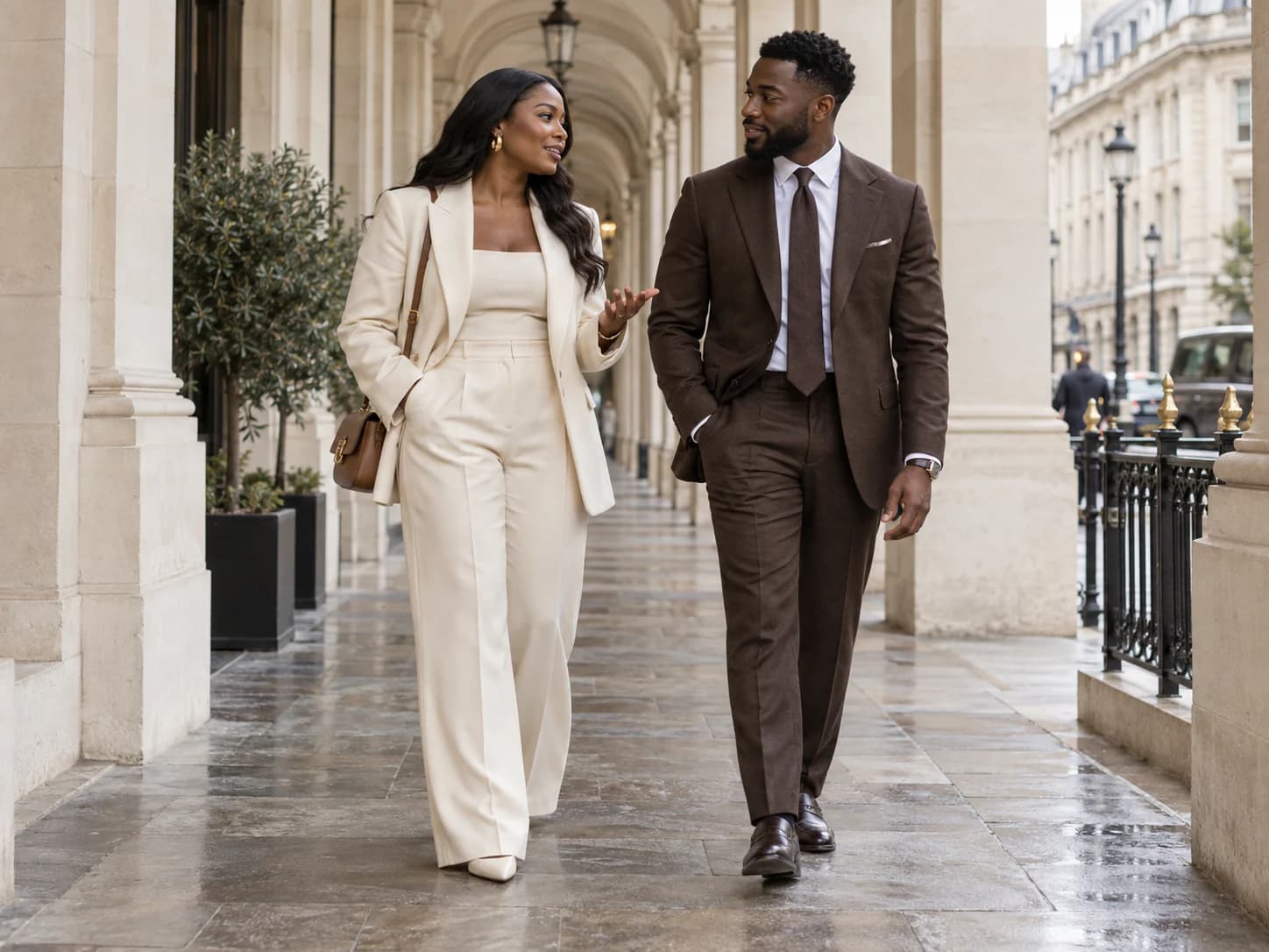 Woman in a cream co-ord and man in a chocolate suit walking through a stone arcade