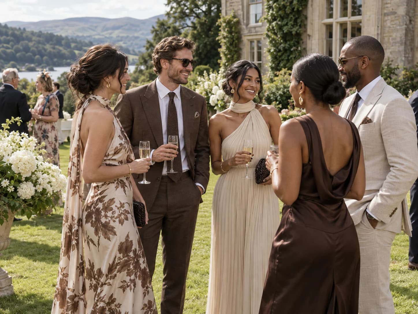 Wedding guests in coordinated cream and chocolate outfits on a country-house lawn