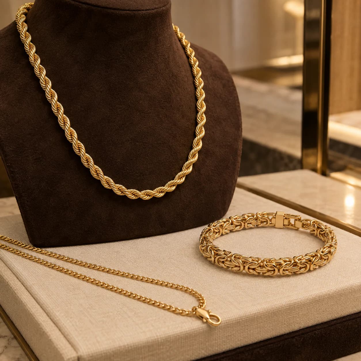 Gold rope chain, fine curb chain and Byzantine bracelet arranged on suede