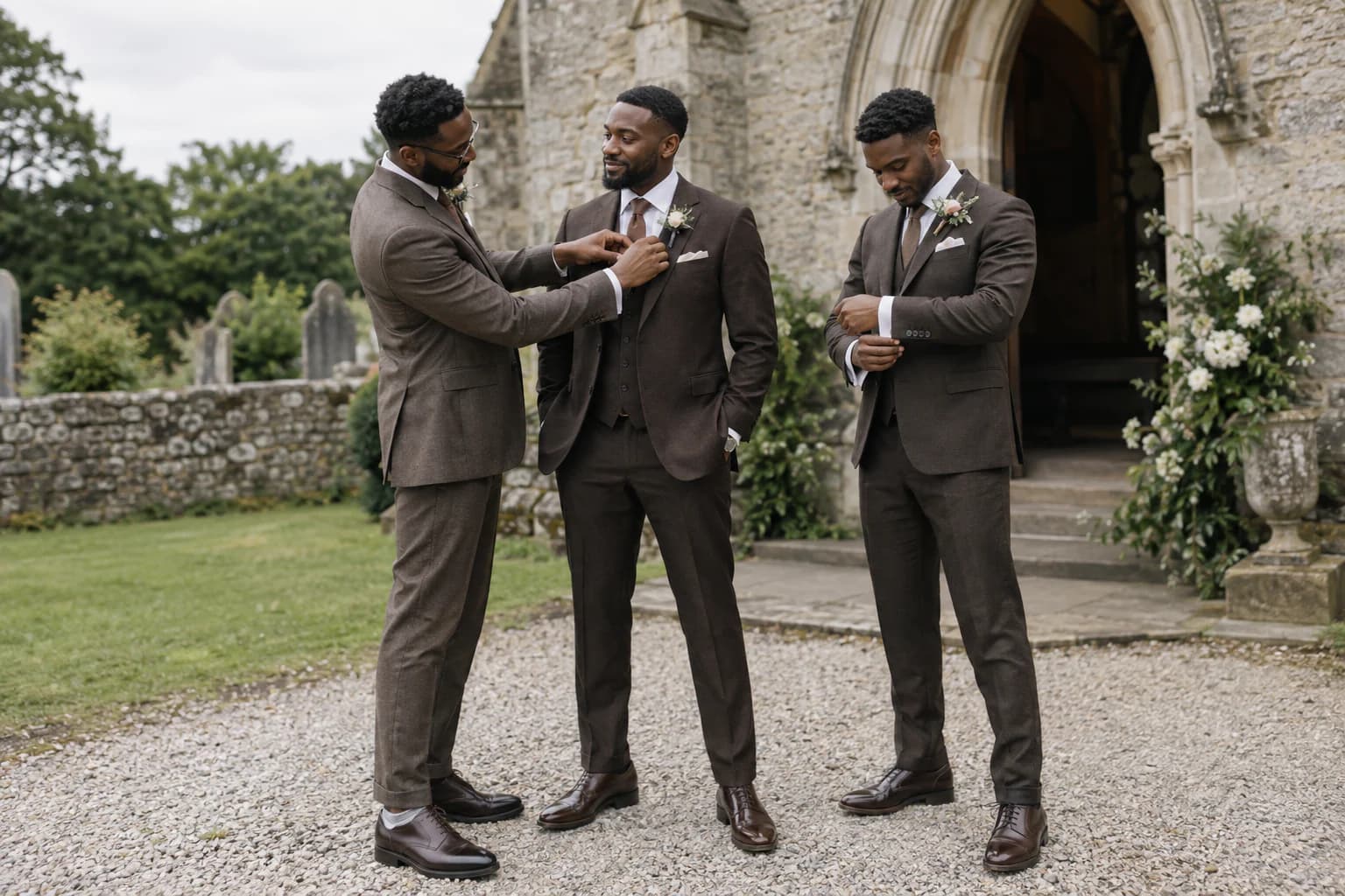Three men in coordinated chocolate suits outside a country church