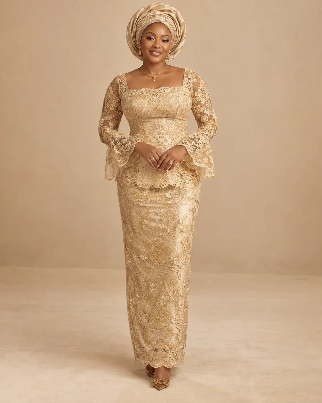 Adaeze Lace Occasion Set in gold corded lace, front view on a plain champagne background