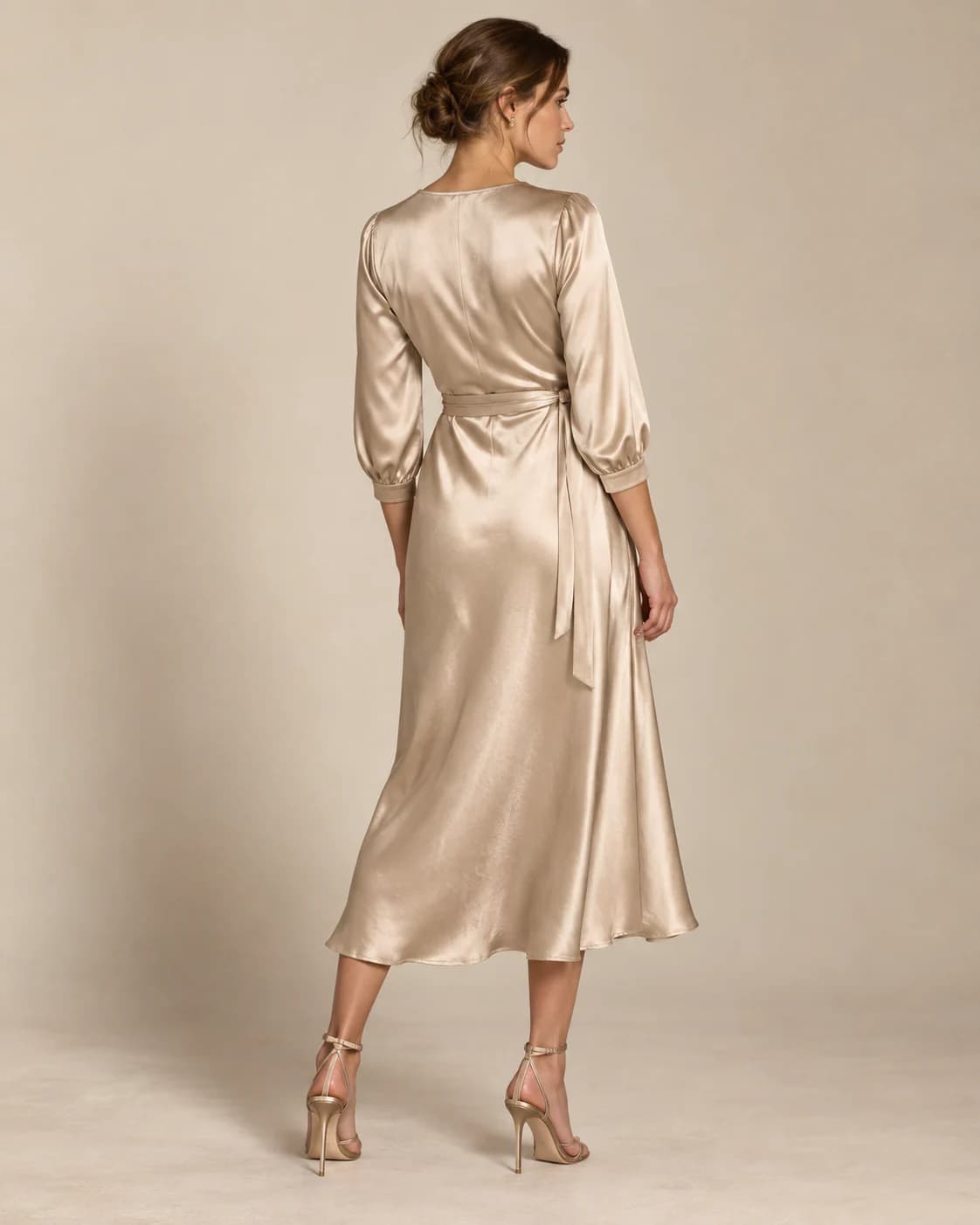 Aurelia Satin Wrap Dress back view showing closure and drape