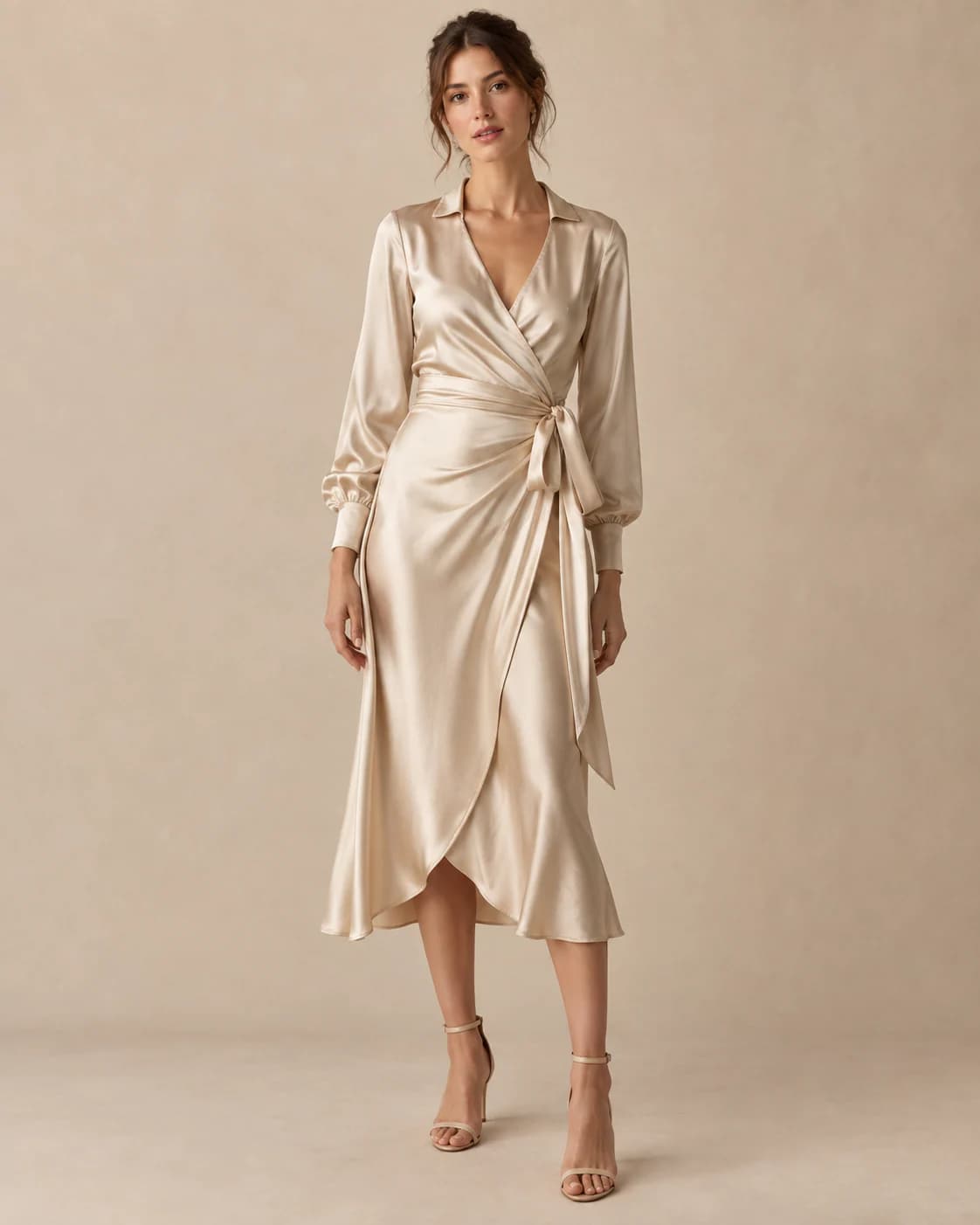 Aurelia Satin Wrap Dress in champagne satin, front view on a plain champagne background