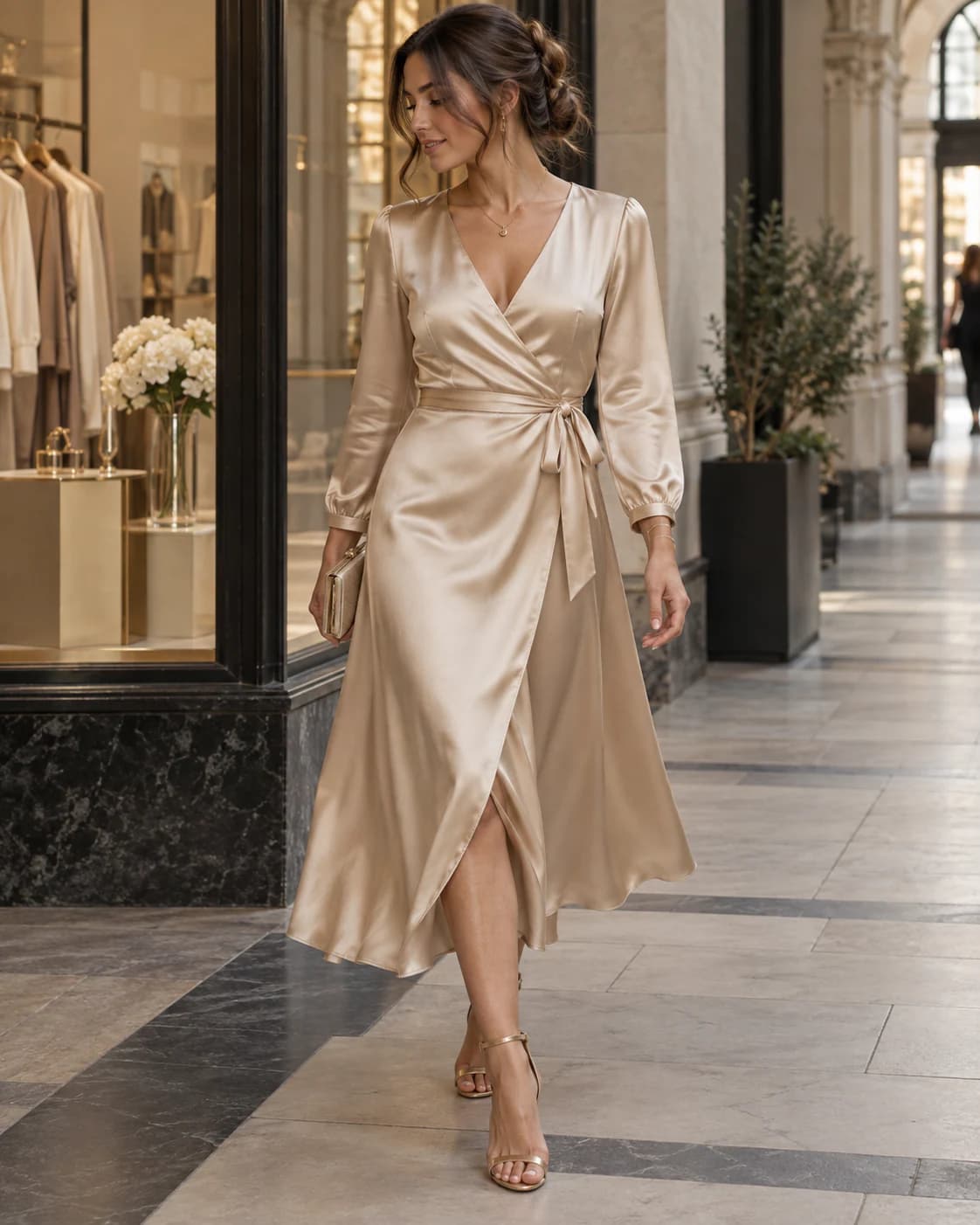 Aurelia Satin Wrap Dress worn and styled with Supreme Blessedness jewellery