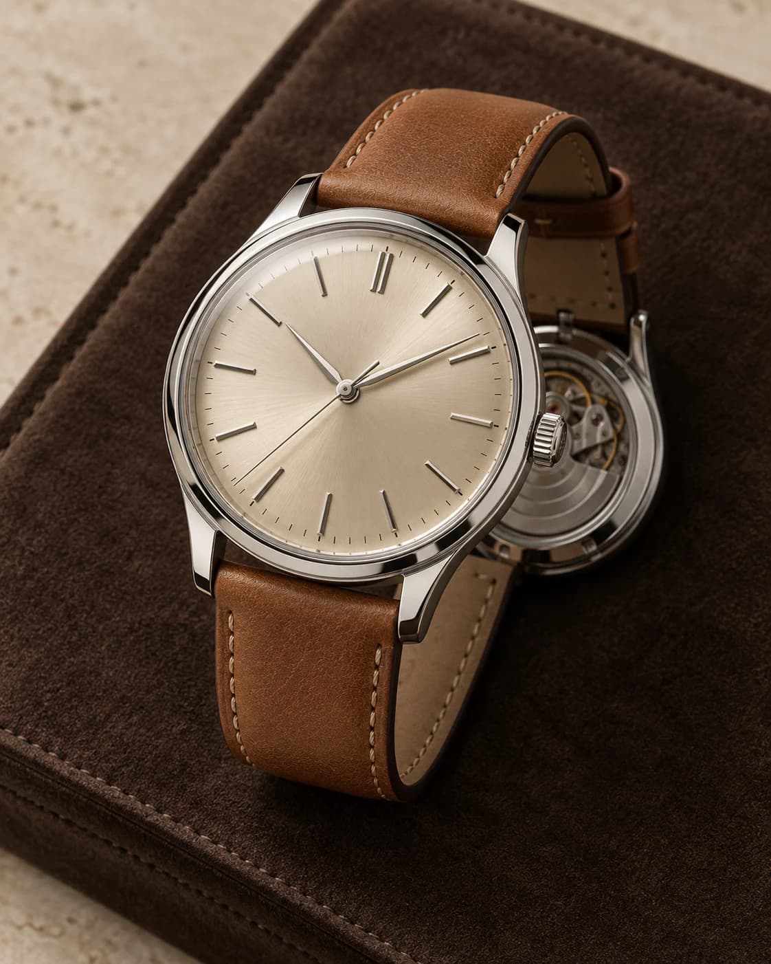 Meridian Automatic 40mm in champagne dial with tan leather strap, front view on a plain champagne background