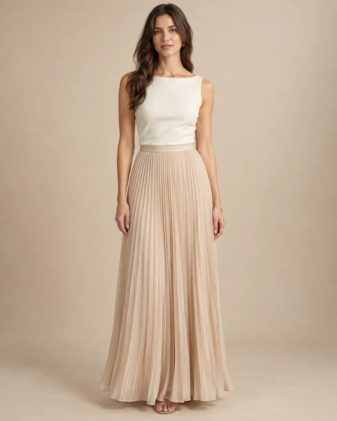 Seraphina Pleated Maxi Skirt in champagne chiffon, front view on a plain champagne background