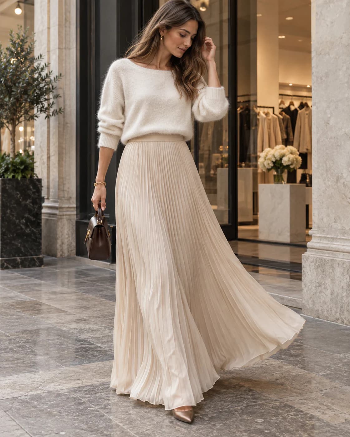Seraphina Pleated Maxi Skirt worn and styled with Supreme Blessedness jewellery