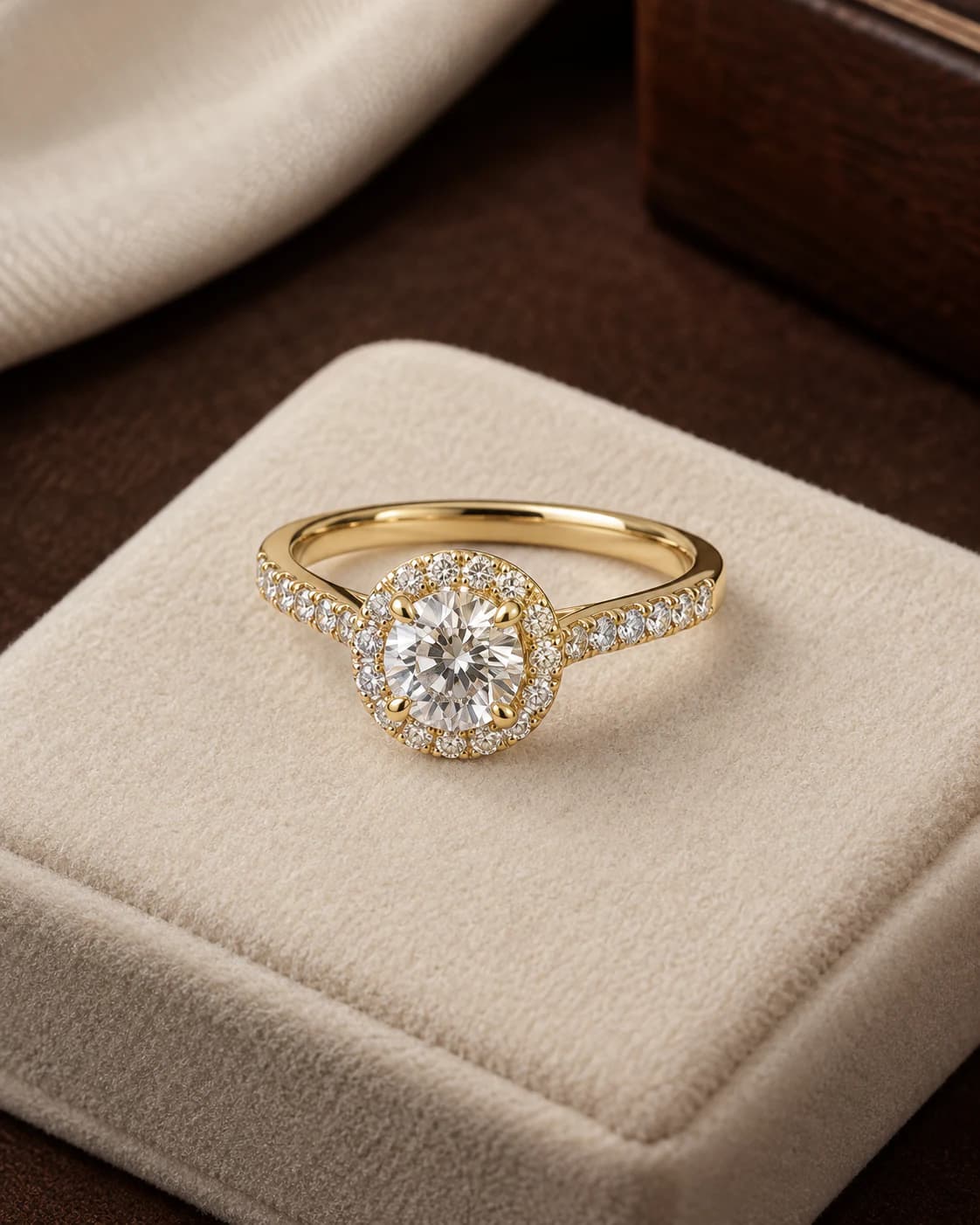 Solitaire Halo Ring, 18ct in 18ct yellow gold with diamonds, front view on a plain champagne background