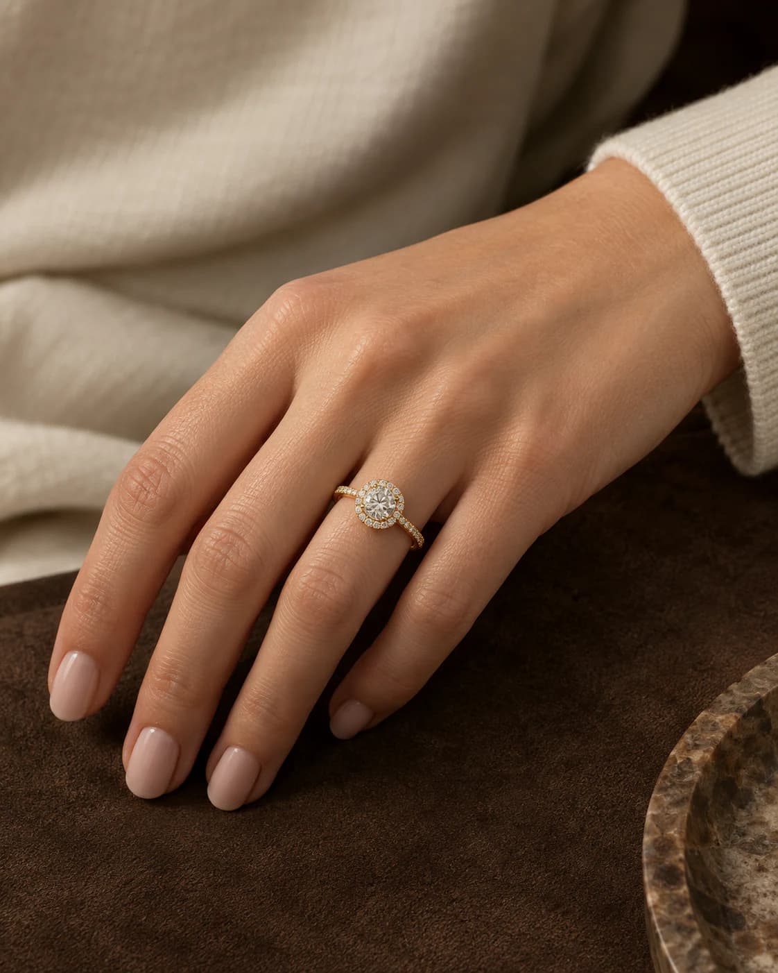 Solitaire Halo Ring, 18ct worn and styled with Supreme Blessedness apparel