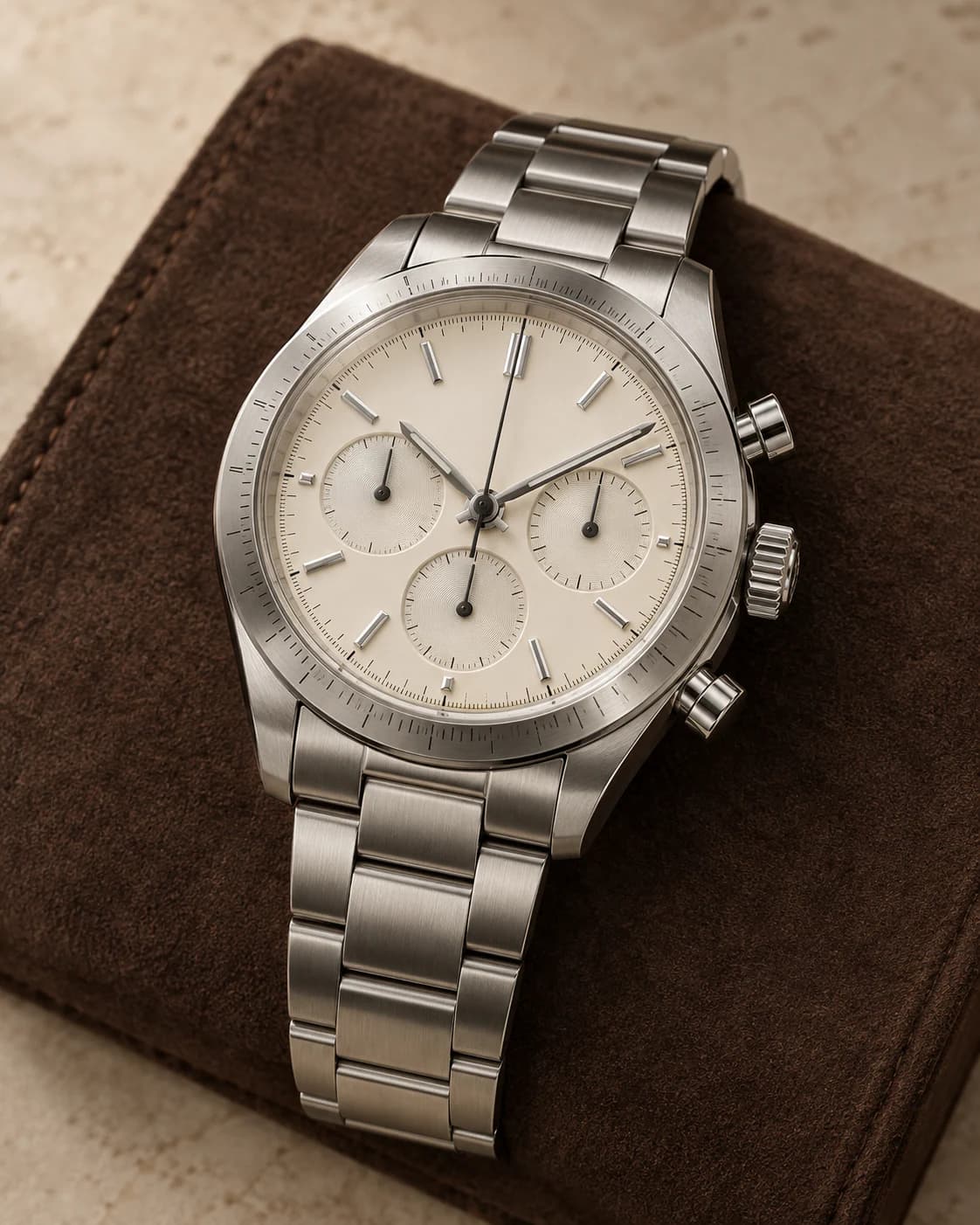 Sovereign Chronograph 42mm in cream dial on a steel bracelet, front view on a plain champagne background