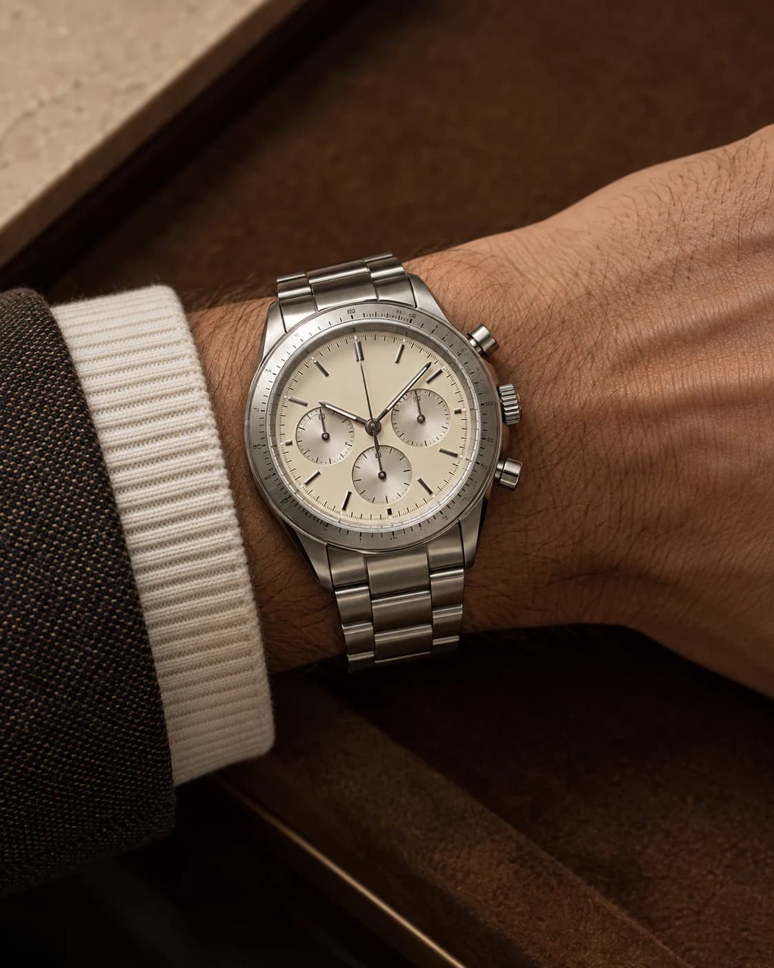 Sovereign Chronograph 42mm worn and styled with Supreme Blessedness apparel