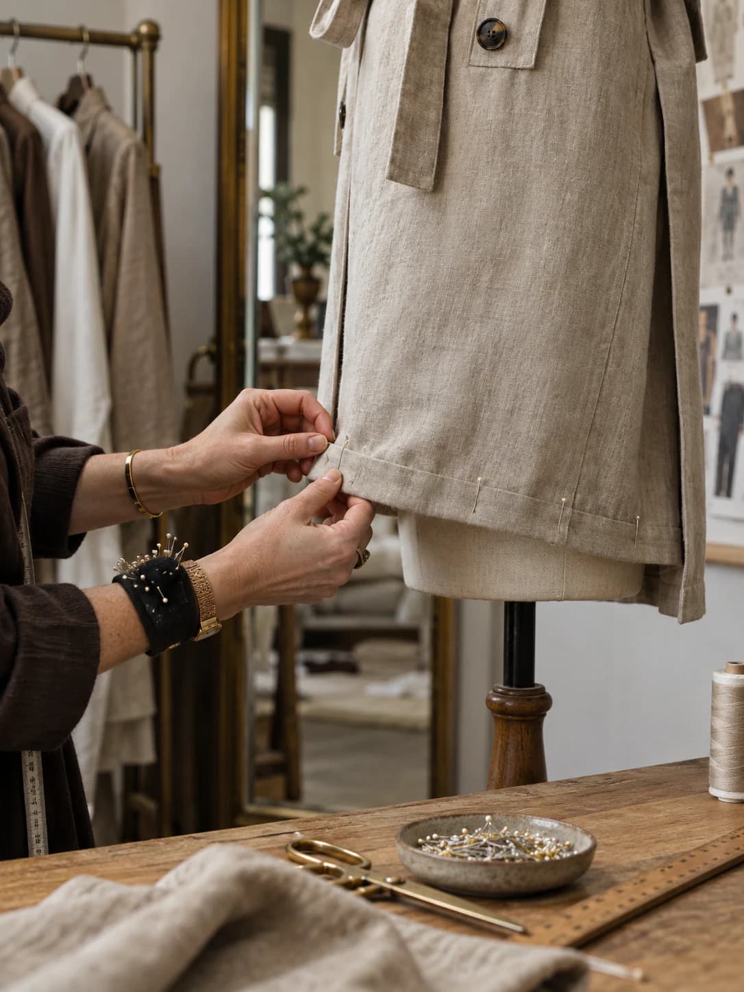 Rail of women's garments in cream, chocolate and ivory tones inside the Cardiff boutique