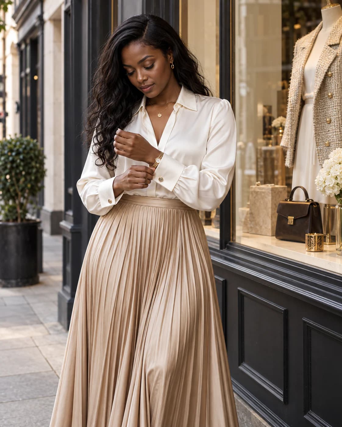Close-up of tailored cream co-ord fabric detail with a fine gold bracelet