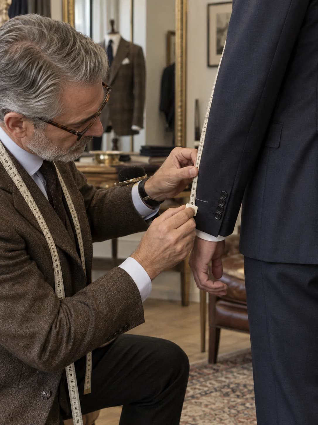 Detail of a suit jacket lapel, pick-stitching and horn buttons