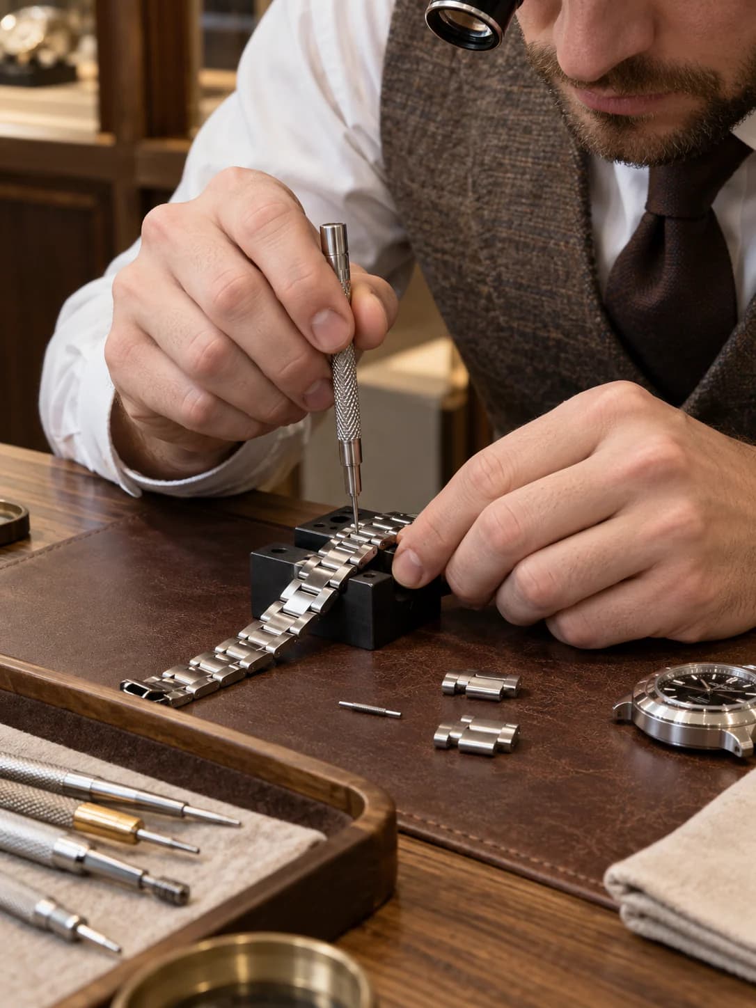 Watchmaker adjusting a bracelet link with a spring bar tool at the boutique counter