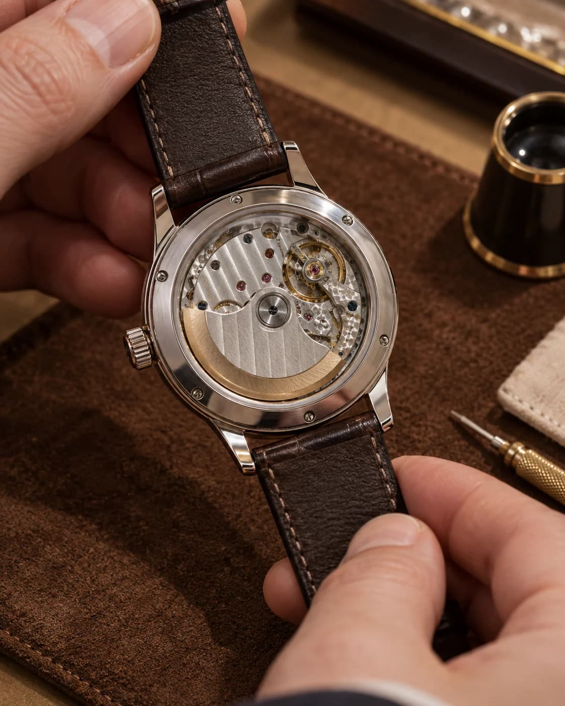 Exhibition caseback showing the decorated automatic movement of a dress watch