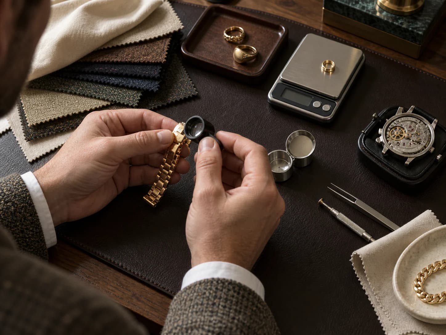 Fabric swatches, hallmark loupe and a watch movement laid out on a chocolate leather desk mat