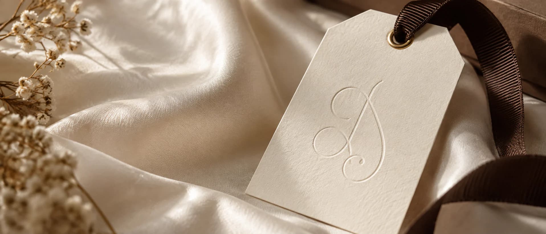 The flowing SB monogram embossed on a cream swing tag resting on ivory fabric