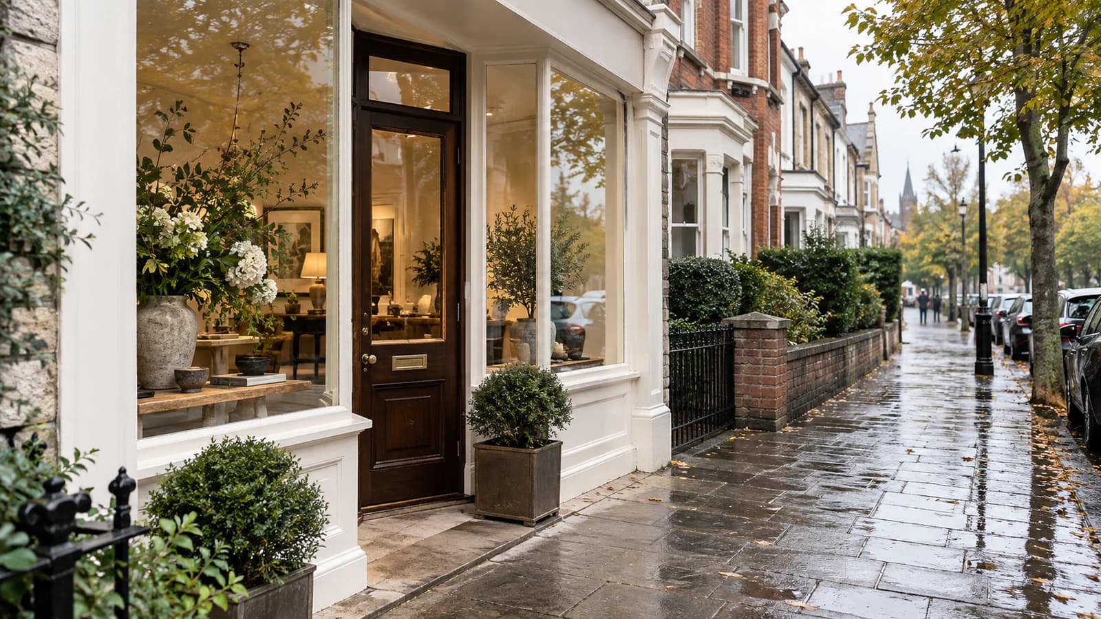 Traditional cream-fronted boutique on a wet residential Cardiff street