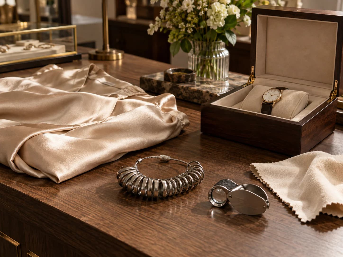 Neatly folded garments, a ring sizer and a watch box on the boutique counter