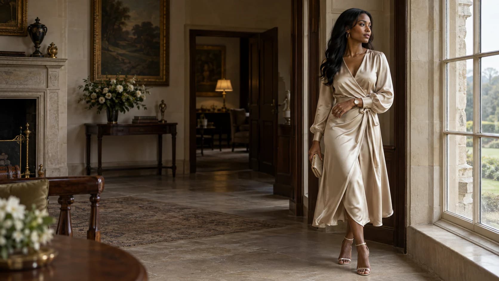 Cinematic editorial shot of a model in elegant occasion wear, subtly showcasing a premium wrist watch and gold jewellery