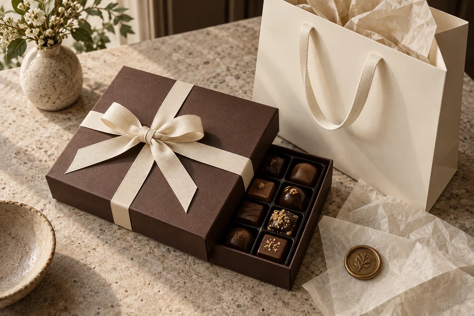 Supreme Blessedness signature chocolate presentation box with cream ribbon beside a branded shopping bag
