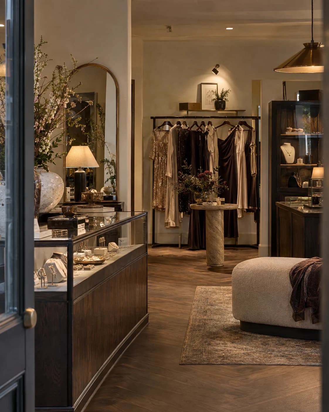 Interior of the Supreme Blessedness boutique in Cardiff with cream walls, chocolate fixtures and a jewellery counter