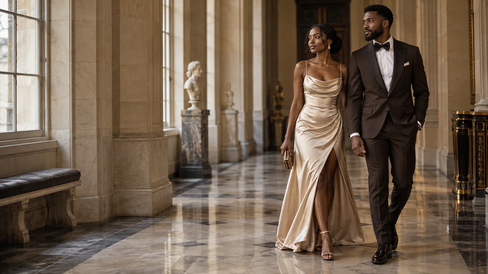 Wide editorial shot of two models in coordinated occasion wear in a marble hall