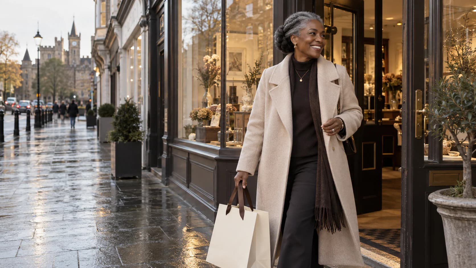 Smiling customer leaving the boutique carrying a Supreme Blessedness bag