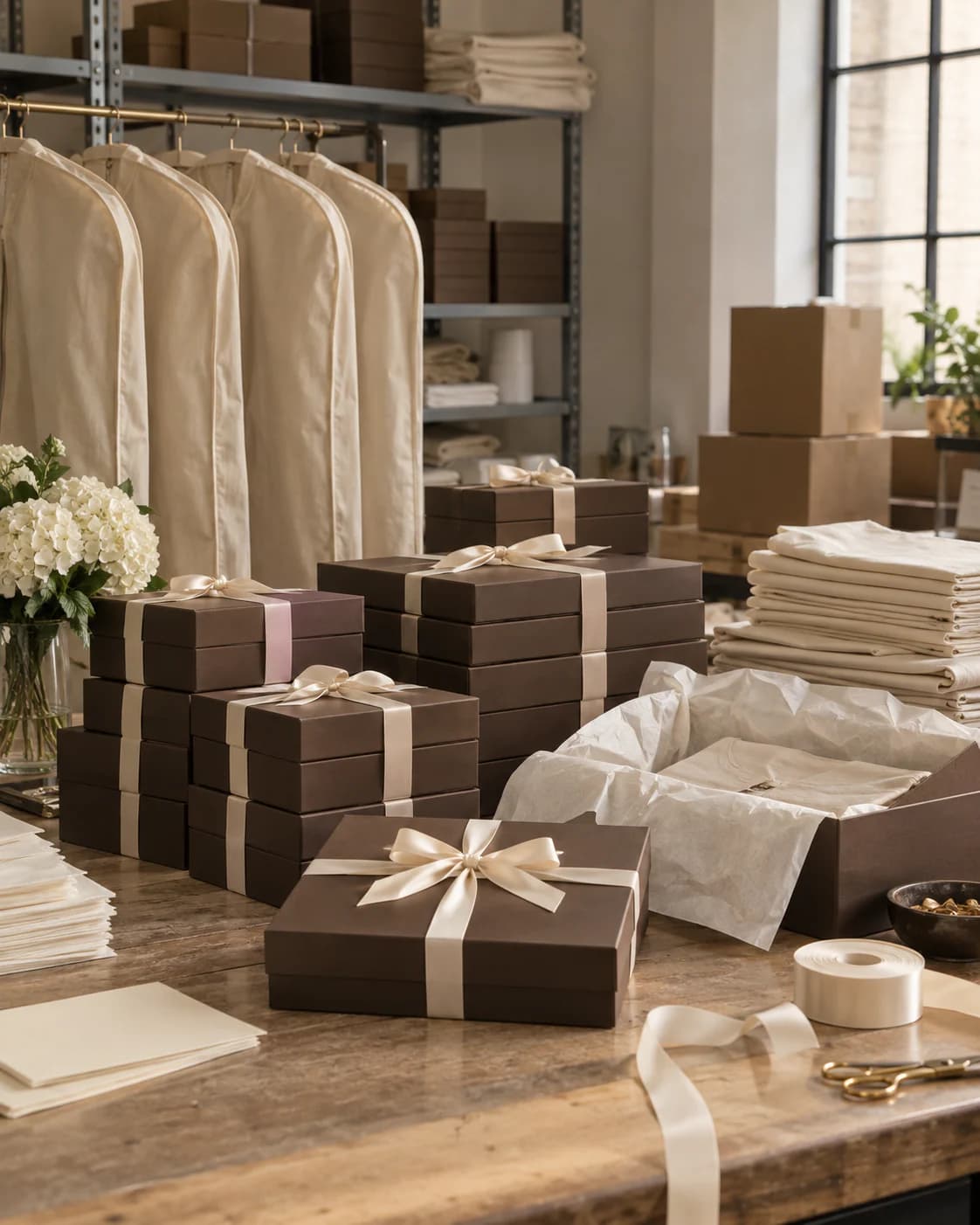 Crisp professional render of branded Supreme Blessedness boxes, ribbons and bags stacked for a trade order