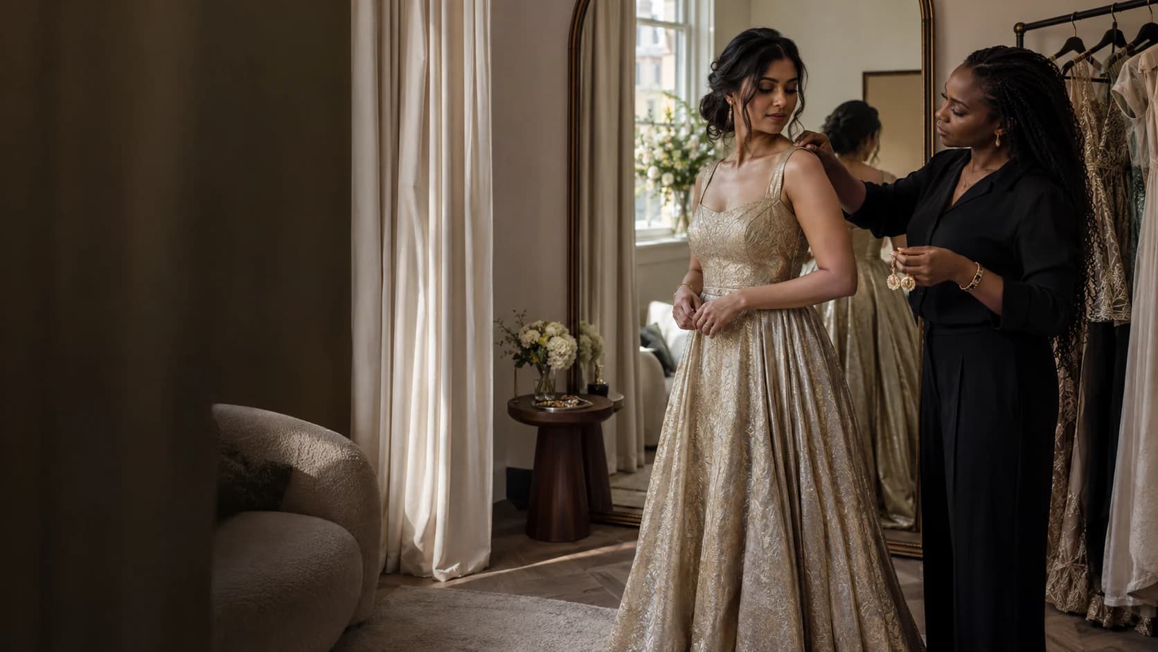 Customer being fitted for a gown in the private fitting suite while a stylist selects earrings