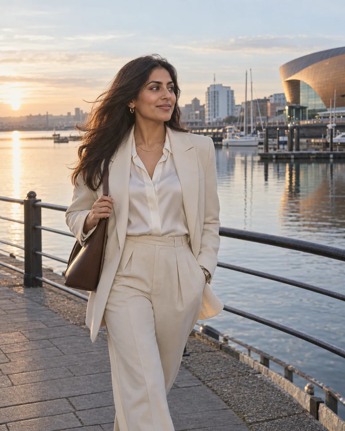Woman in a cream co-ord walking along Cardiff Bay at sunrise