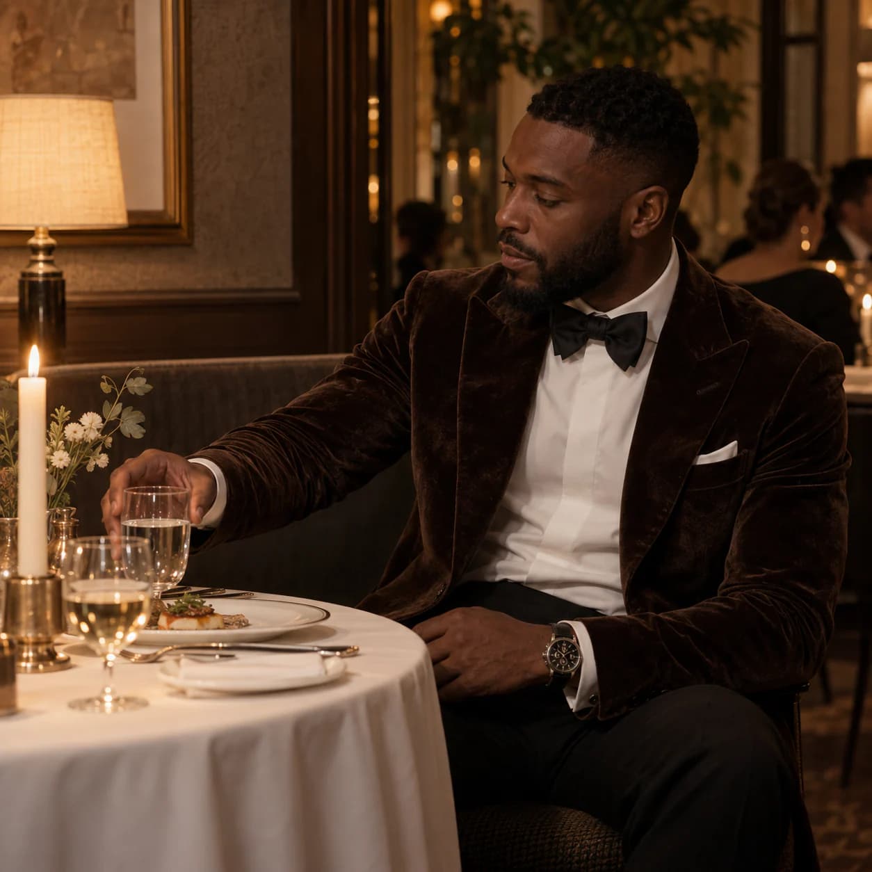 Man in a chocolate velvet dinner jacket seated at a candlelit table