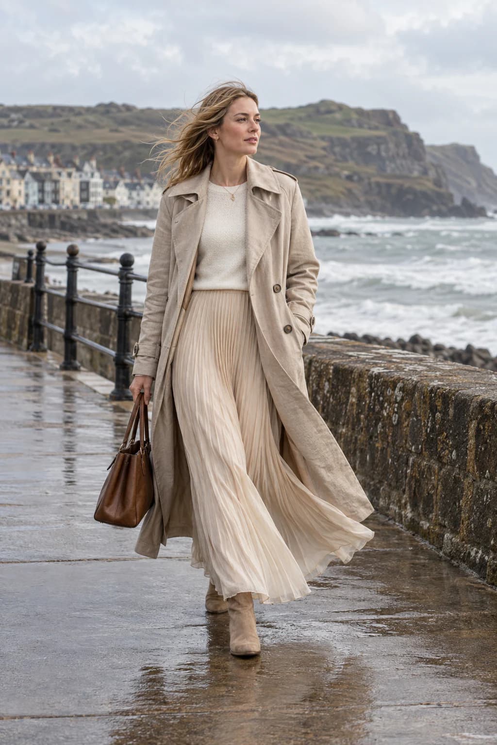 Woman in a stone linen trench and pleated skirt on a windy seafront