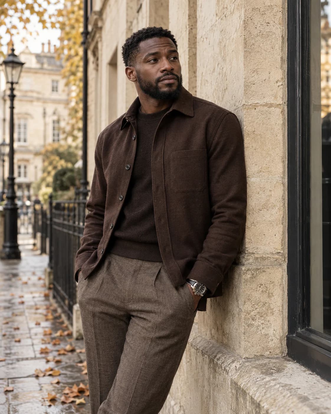 Man in a merino overshirt and wool trousers leaning on a stone wall