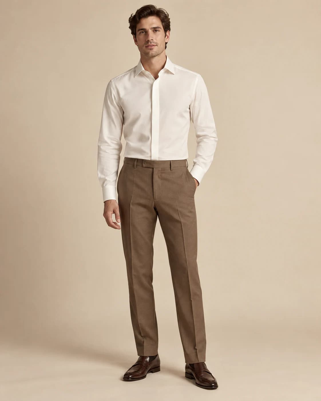 Alaric Cotton-Silk Shirt in ivory cotton-silk, front view on a plain champagne background