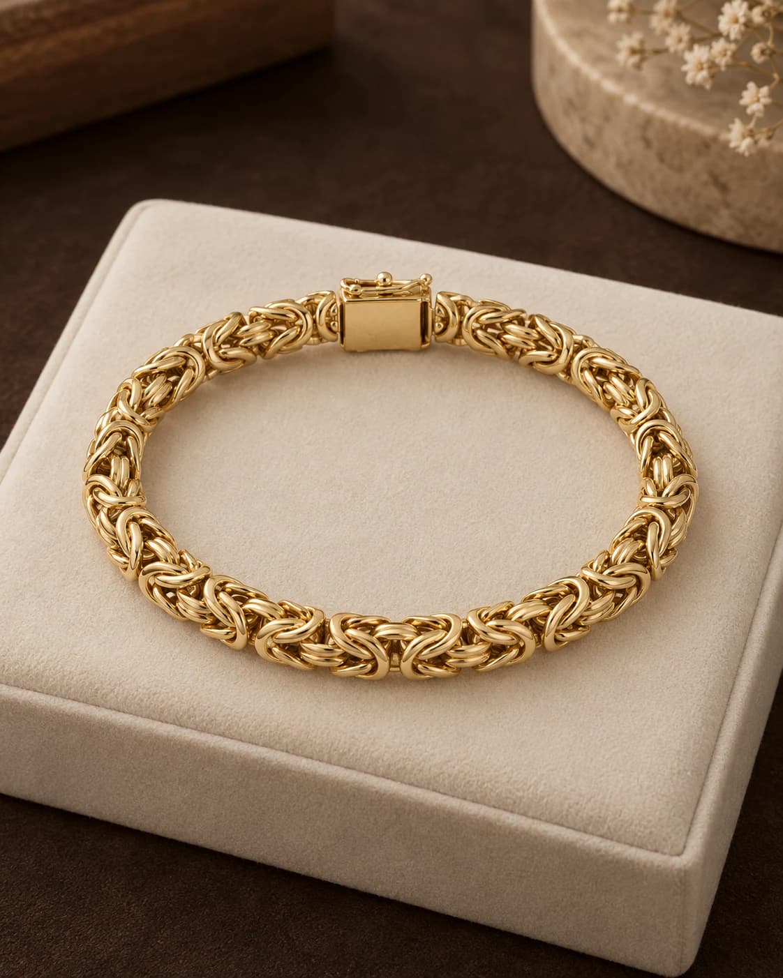 Byzantine Bracelet, 9ct in 9ct yellow gold, front view on a plain champagne background