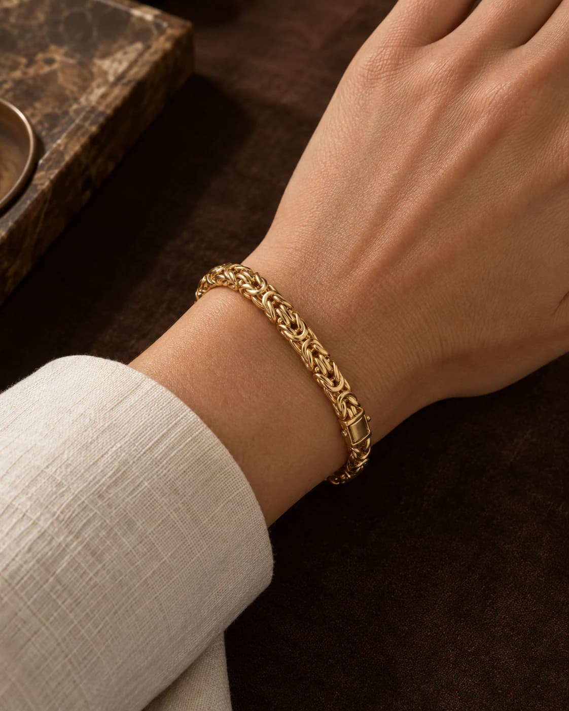 Byzantine Bracelet, 9ct worn and styled with Supreme Blessedness apparel