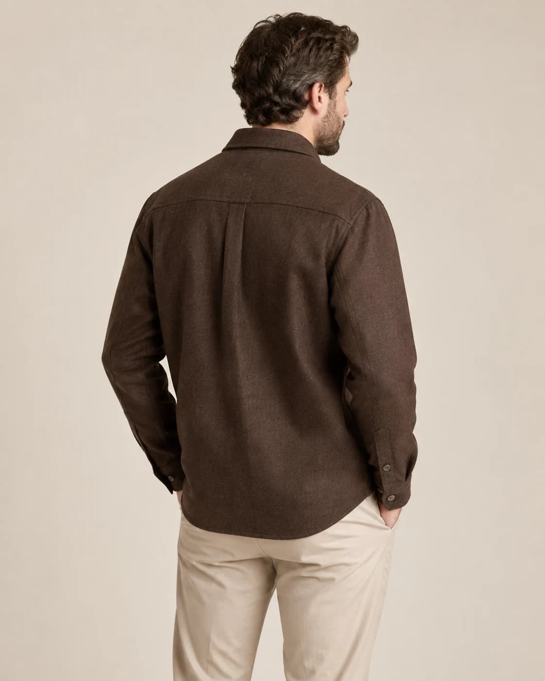Cassius Merino Overshirt back view showing closure and drape