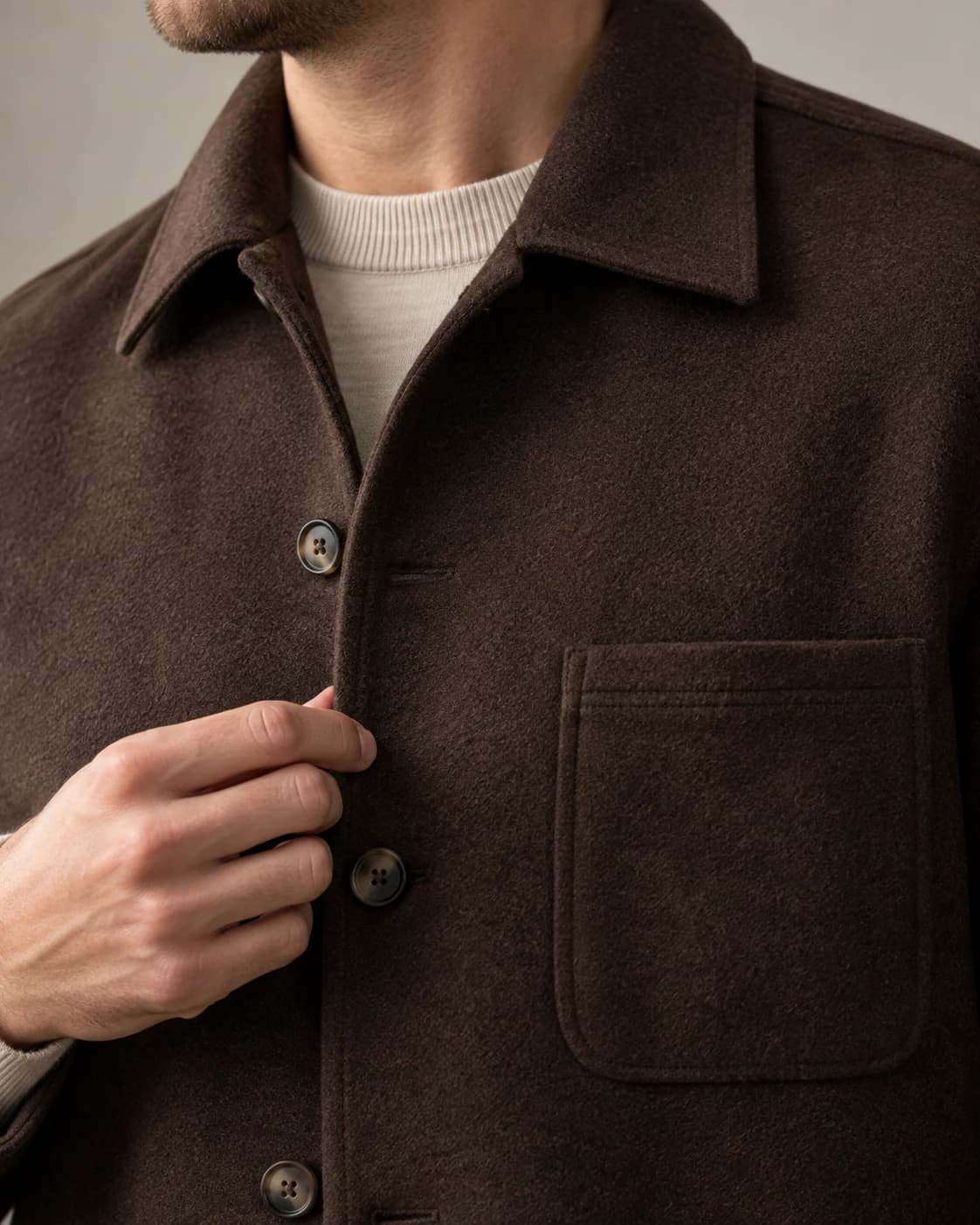 Cassius Merino Overshirt fabric and stitching detail