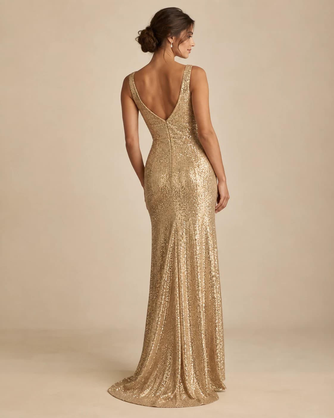 Evangeline Sequin Gown back view showing closure and drape