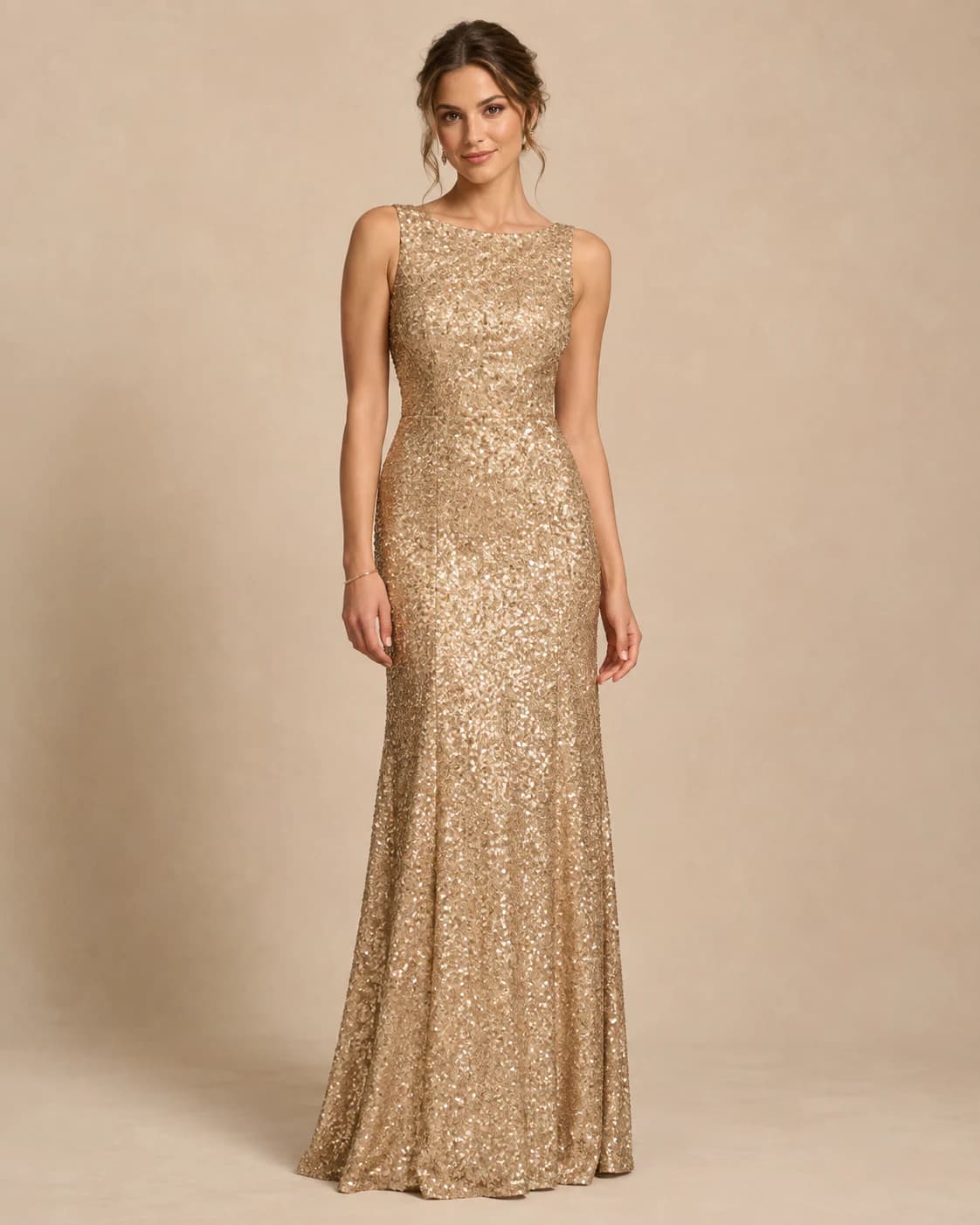 Evangeline Sequin Gown in gold matte sequins, front view on a plain champagne background