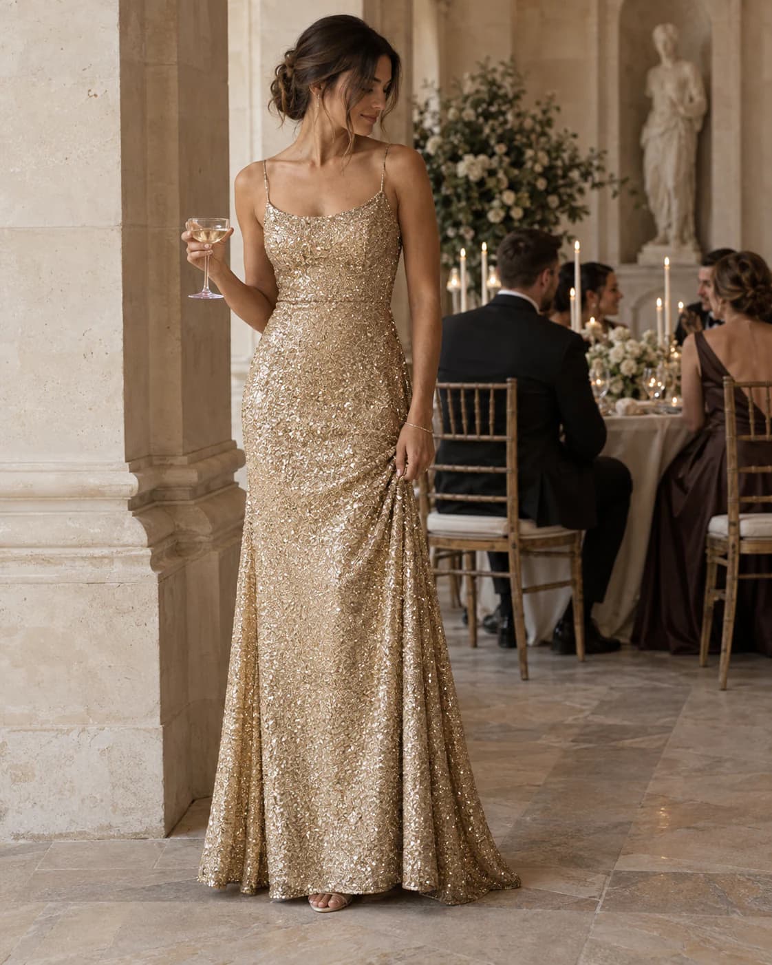 Evangeline Sequin Gown worn and styled with Supreme Blessedness jewellery