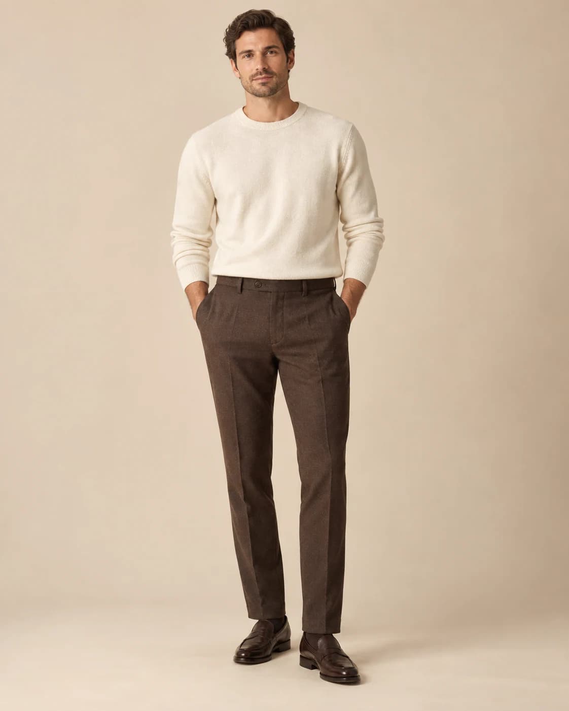 Everett Tailored Trousers in chocolate flannel, front view on a plain champagne background