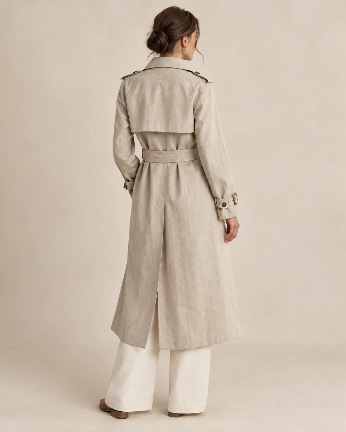 Marguerite Linen Trench back view showing closure and drape