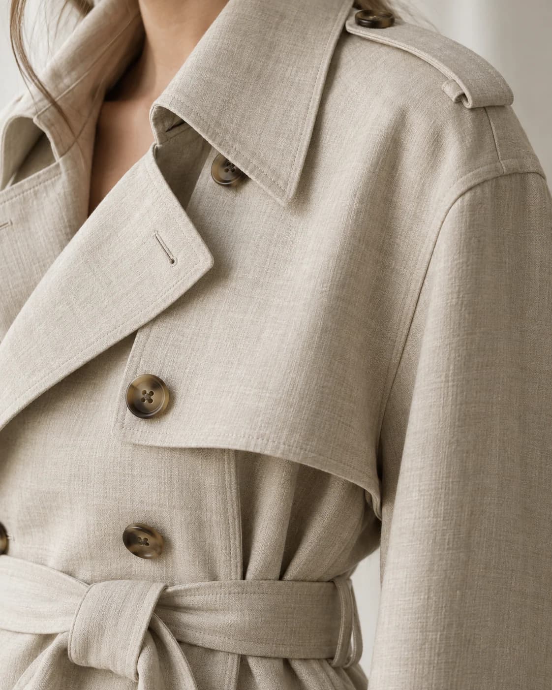Marguerite Linen Trench fabric and stitching detail
